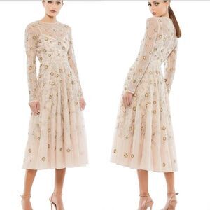Mac Duggal Long Sleeves Embellished Beaded Midi Floral Nude Dress Size 2